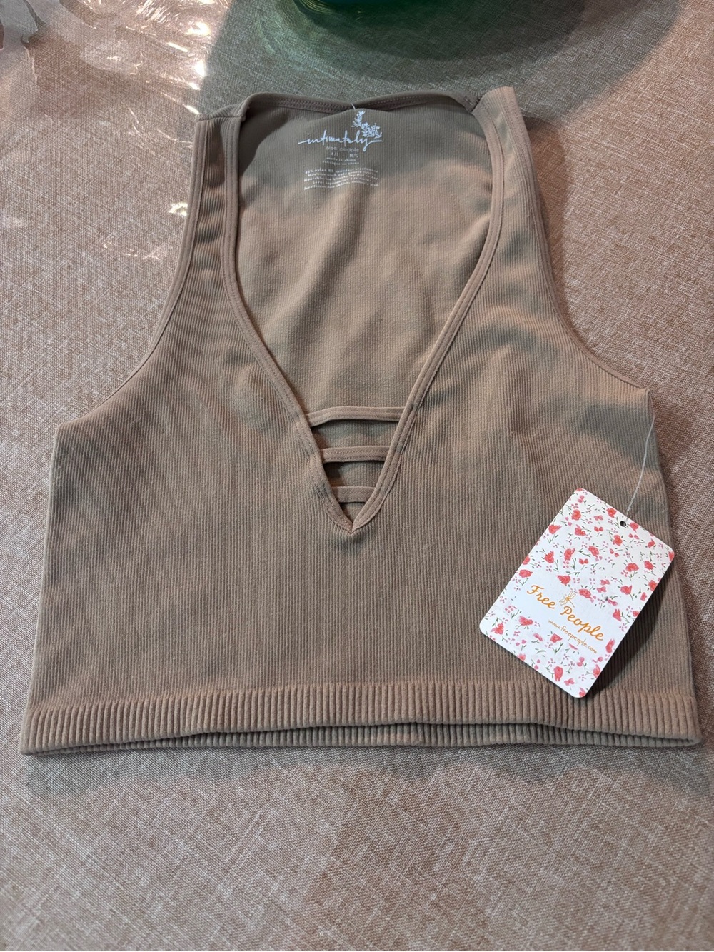 Free People Taupe Ribbed V-Neck Cropped Tank with Ladder Detail - Picture 1 of 3